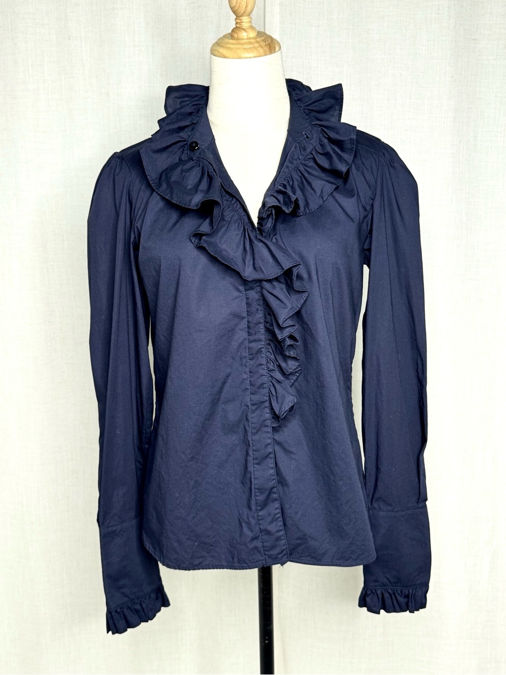 Cara Cara Anne Ruffle Collar Cotton Poplin Blouse Navy Size Small